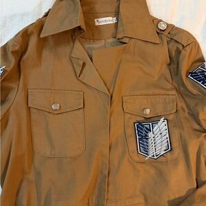 Attack on titans cosplay Brown Men's Casual Shirt with Embroidered Patches
